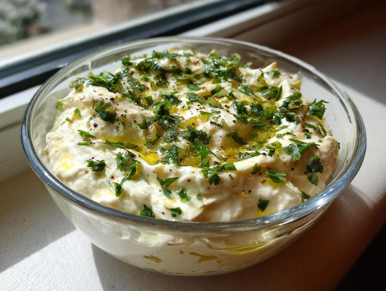 A glass bowl filled with creamy dirty martini dip, garnished generously with fresh parsley and olive oil.