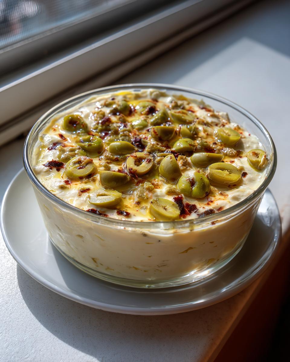 Close-up of a creamy dirty martini dip topped with sliced green olives, oil, and red pepper flakes.