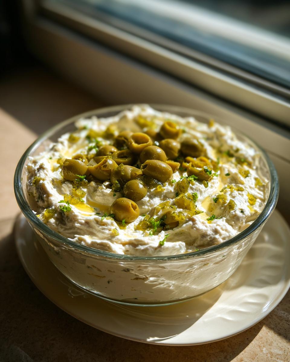 A creamy, white dirty martini dip served in a glass bowl, generously topped with sliced green olives and herbs.