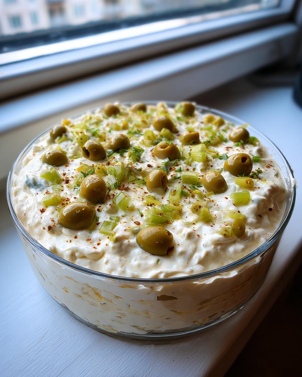 A large glass bowl filled with creamy dirty martini dip, topped generously with whole green olives and chopped celery.