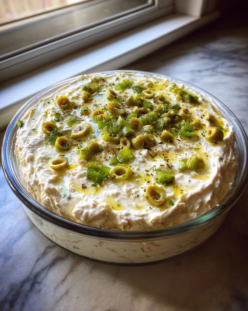 A creamy, white dirty martini dip served in a clear glass bowl, topped with sliced green olives, chopped herbs, and olive oil.