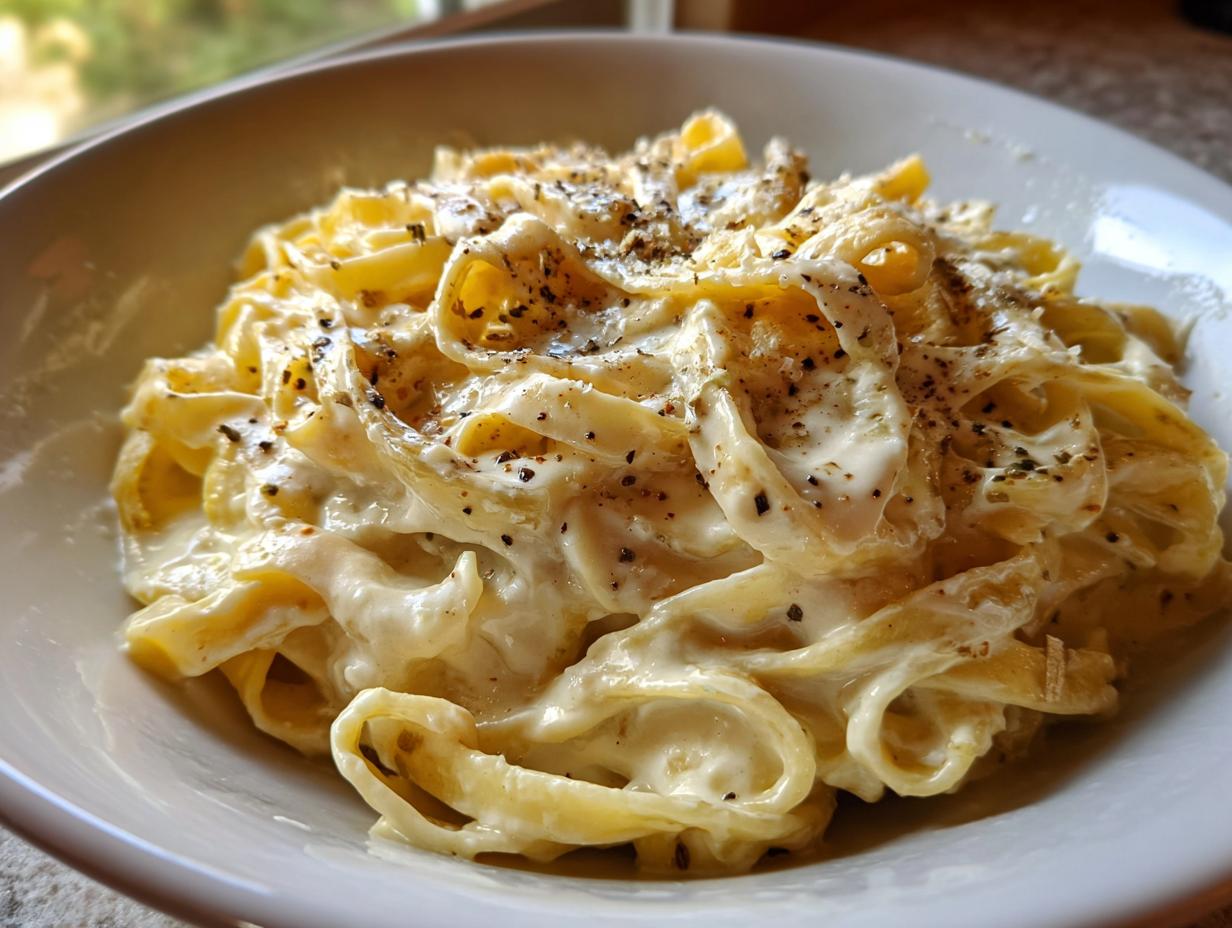 Close-up of fettuccine pasta generously coated in creamy homemade alfredo sauce and topped with black pepper.