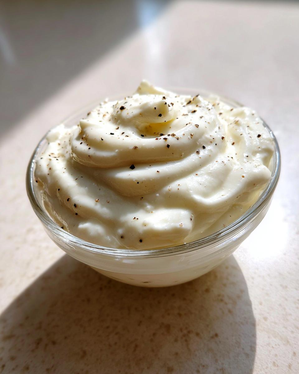 A small glass bowl filled with thick, creamy garlic sauce, topped with freshly cracked black pepper.