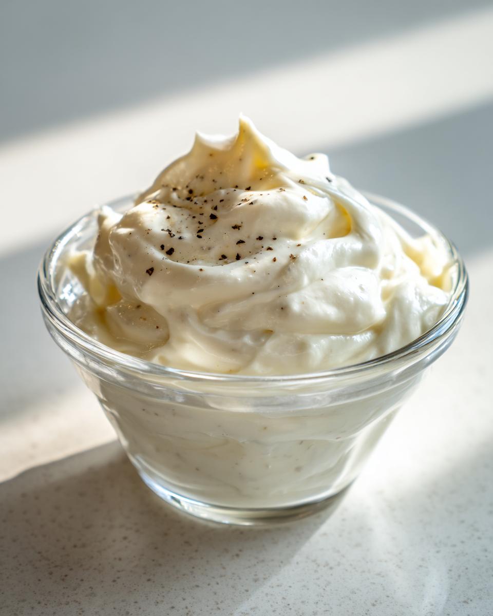 A close-up of thick, creamy homemade garlic sauce topped with cracked black pepper in a small glass bowl.
