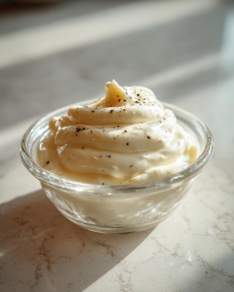 A small glass bowl filled with thick, creamy garlic sauce, swirled on top and sprinkled with black pepper.