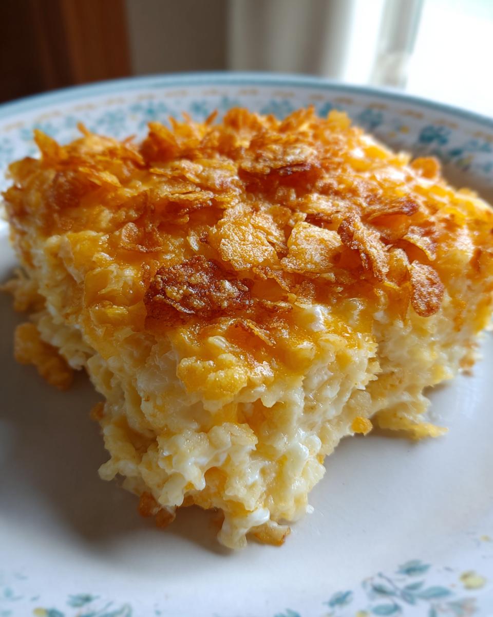 Close-up of a creamy, cheesy hashbrown casserole slice topped with golden, crispy cornflakes.