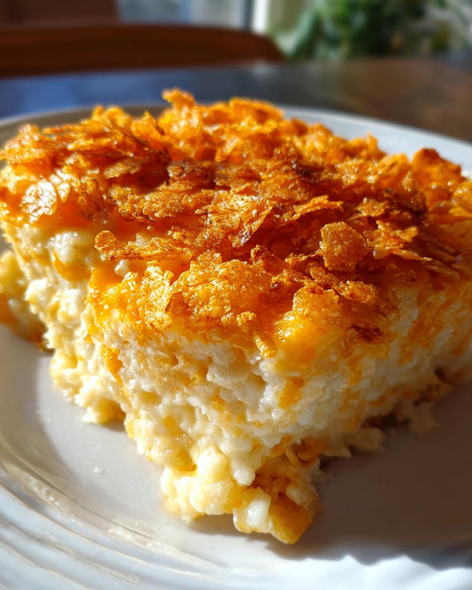 A close-up of a creamy, cheesy hashbrown casserole slice topped with crispy, golden cornflakes.