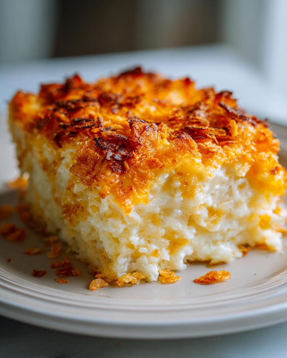 Close-up of a creamy, cheesy slice of hashbrown casserole with a crispy, golden-brown topping.
