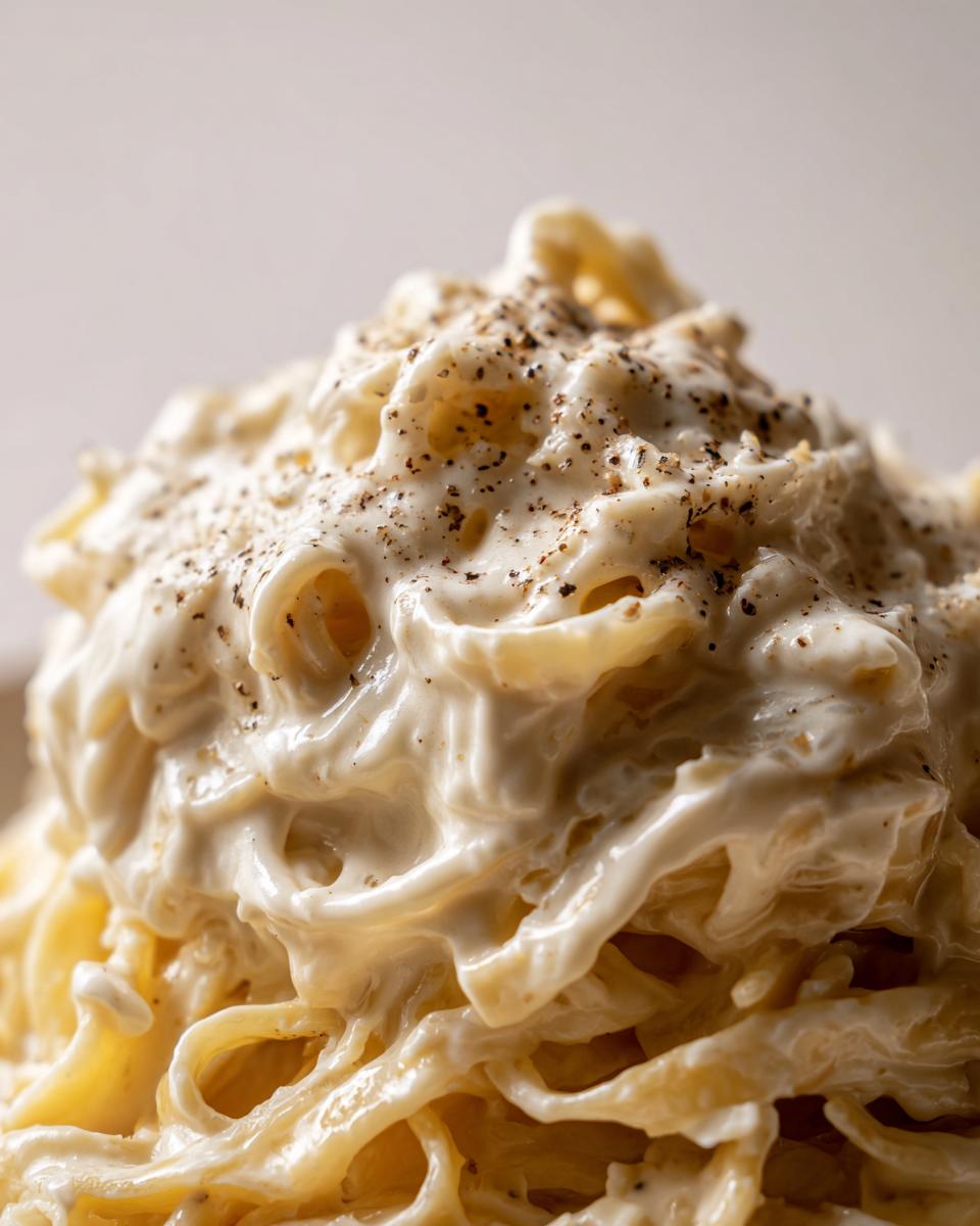 Close-up of fettuccine pasta generously coated in thick, creamy homemade alfredo sauce and topped with cracked black pepper.