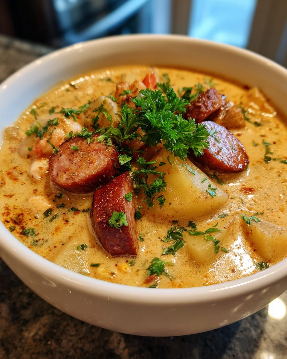 Close-up of a creamy bowl of kielbasa potato soup, featuring chunks of sausage, potatoes, and fresh parsley garnish.