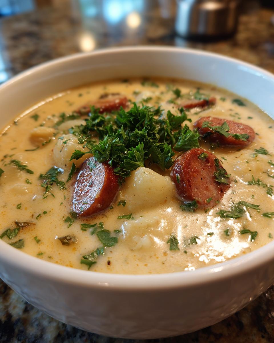 Close-up of a bowl of creamy kielbasa potato soup topped with sliced sausage and fresh parsley.