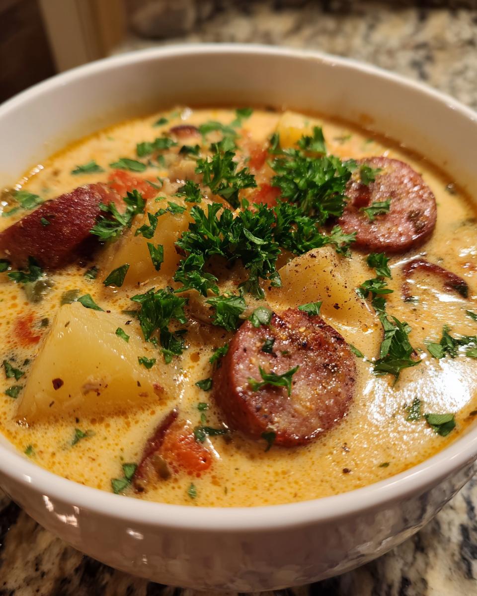 Close-up of creamy kielbasa potato soup, featuring thick slices of sausage, potatoes, and fresh parsley garnish.