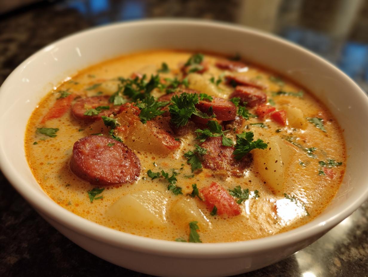 Close-up of a hearty bowl of creamy kielbasa potato soup, garnished with fresh parsley.