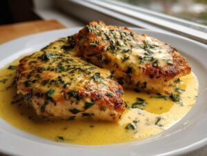 Two pan-seared chicken breasts covered in a rich, yellow creamy lemon chicken sauce speckled with fresh green herbs.