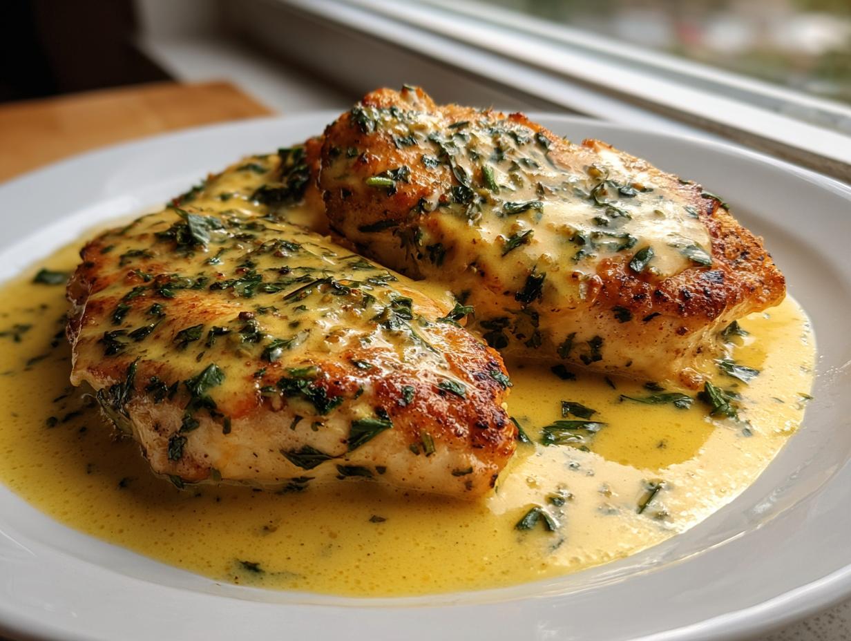 Two pan-seared chicken breasts covered in a rich, yellow creamy lemon chicken sauce speckled with fresh green herbs.