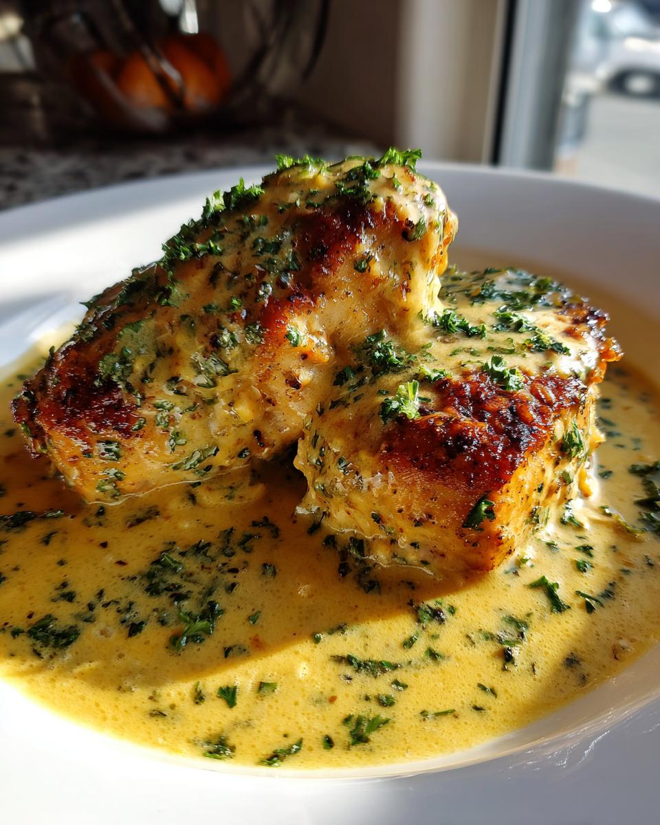 Two pieces of seared creamy lemon chicken covered in a rich yellow sauce and fresh parsley.