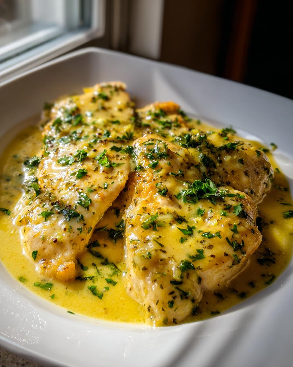 Three pieces of tender chicken breast smothered in a rich, yellow creamy lemon chicken sauce and topped with fresh chopped parsley.
