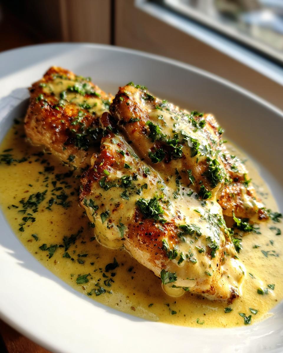 Three pan-seared chicken breasts covered in a rich, creamy lemon sauce and sprinkled with fresh parsley.