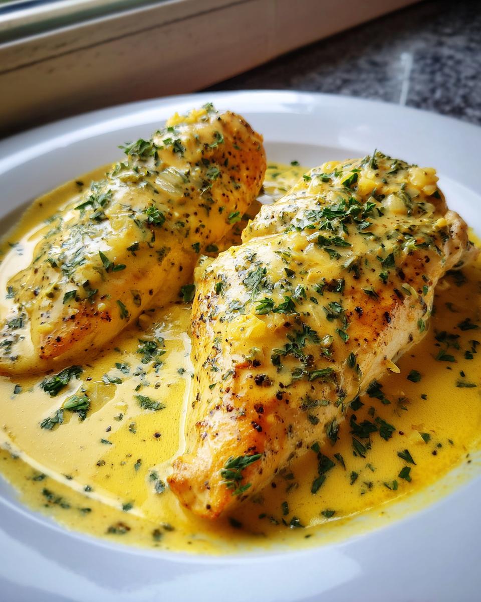 Two golden-brown chicken breasts smothered in a rich, yellow creamy lemon chicken sauce and topped with fresh parsley.