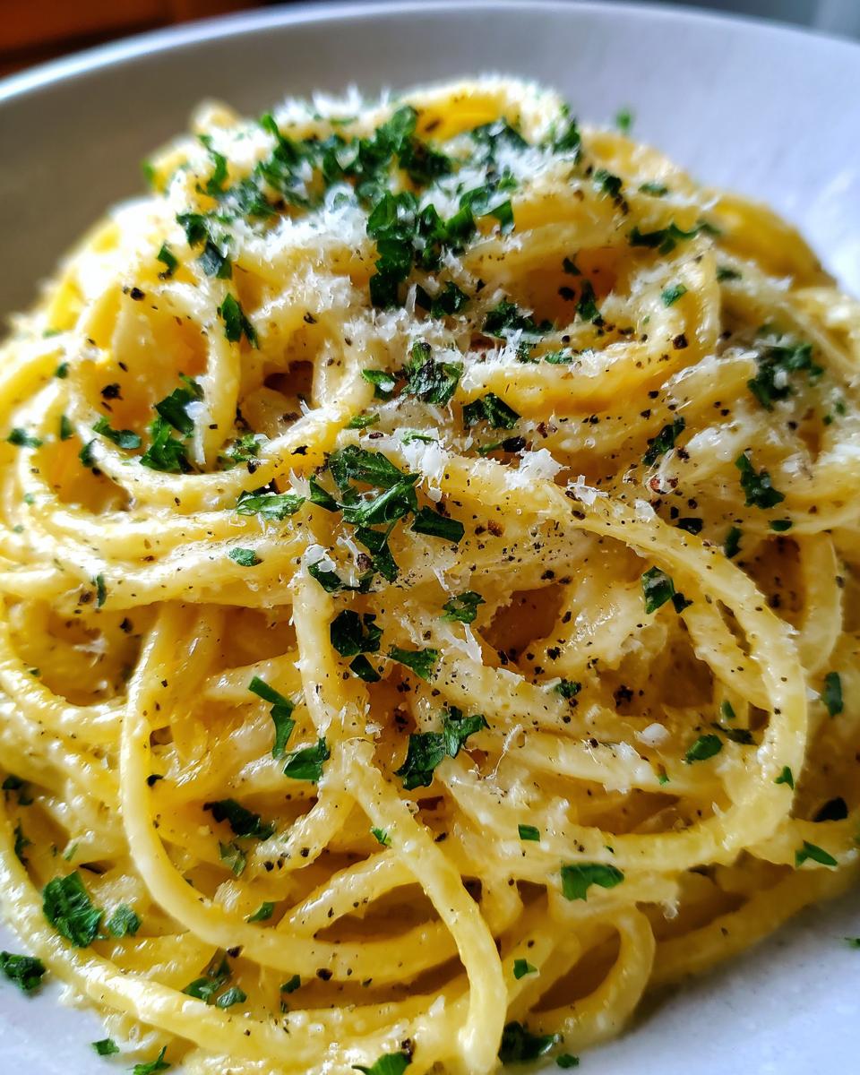 A close-up, vibrant image of creamy lemon pasta tossed in sauce, topped with grated Parmesan cheese and fresh chopped parsley.