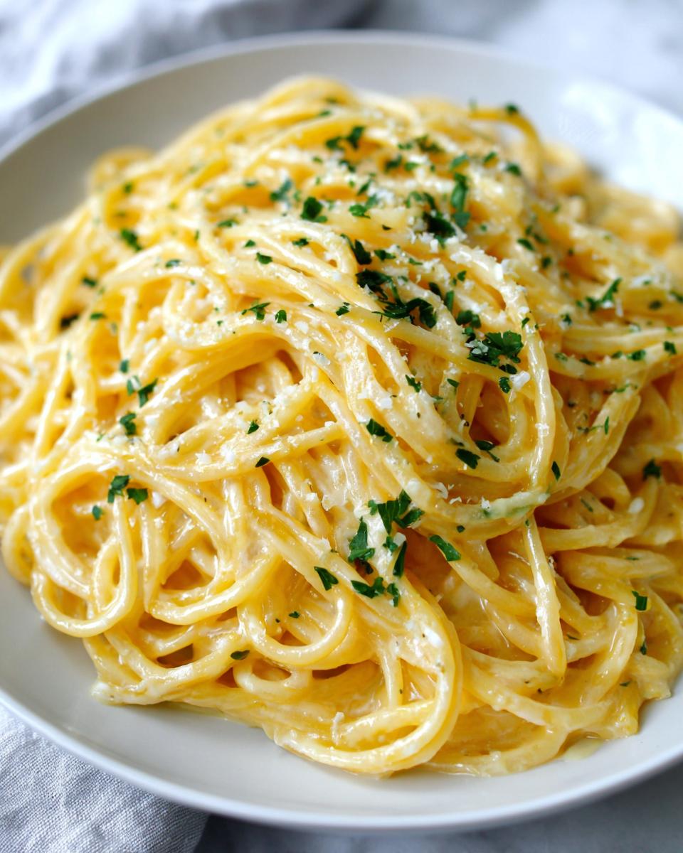 A close-up shot of a serving of creamy lemon pasta tossed in a rich sauce and topped with grated cheese and fresh parsley.