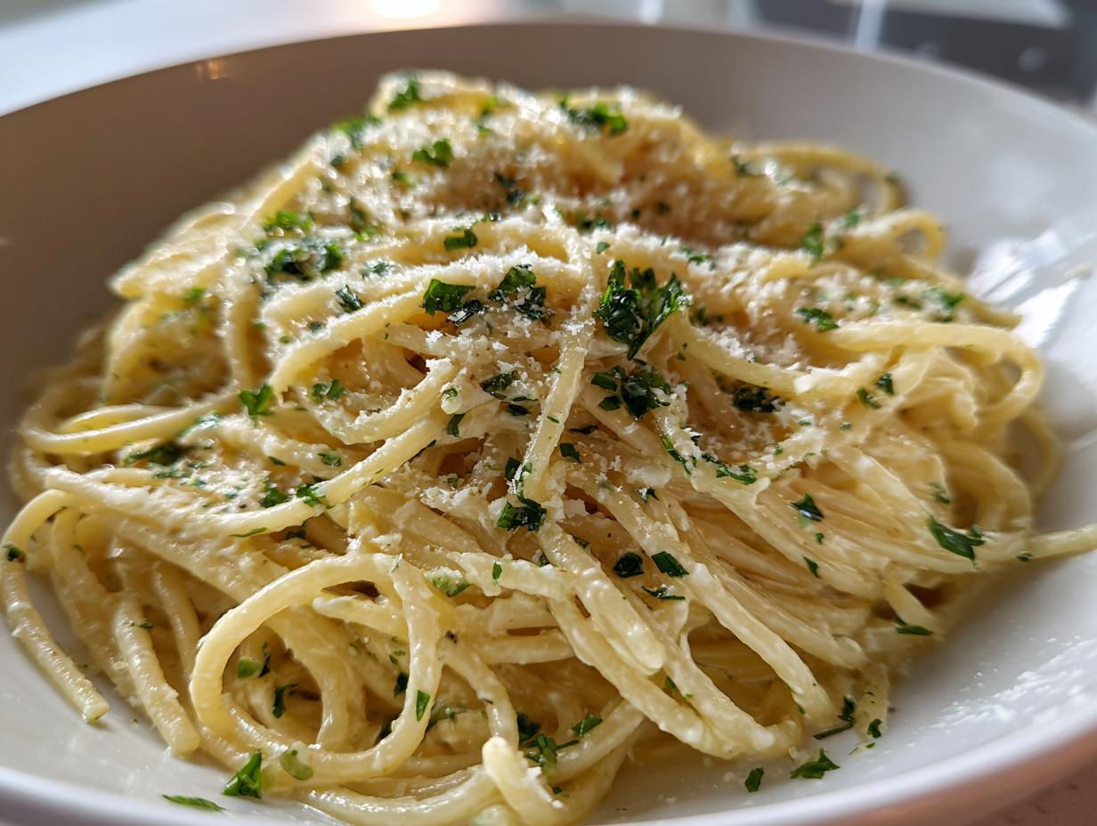 Close-up of creamy lemon pasta tossed in a rich sauce, topped with grated cheese and fresh parsley.
