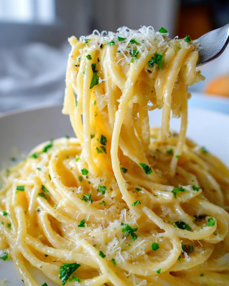 Close-up of spaghetti being lifted by a fork, coated in creamy lemon pasta sauce, topped with grated Parmesan and fresh parsley.