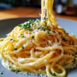 Close-up of creamy lemon pasta being lifted from a plate, topped with grated parmesan and fresh parsley.