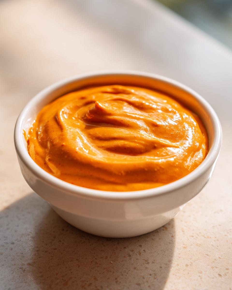 Close-up of thick, vibrant orange nacho cheese sauce swirled in a small white bowl.