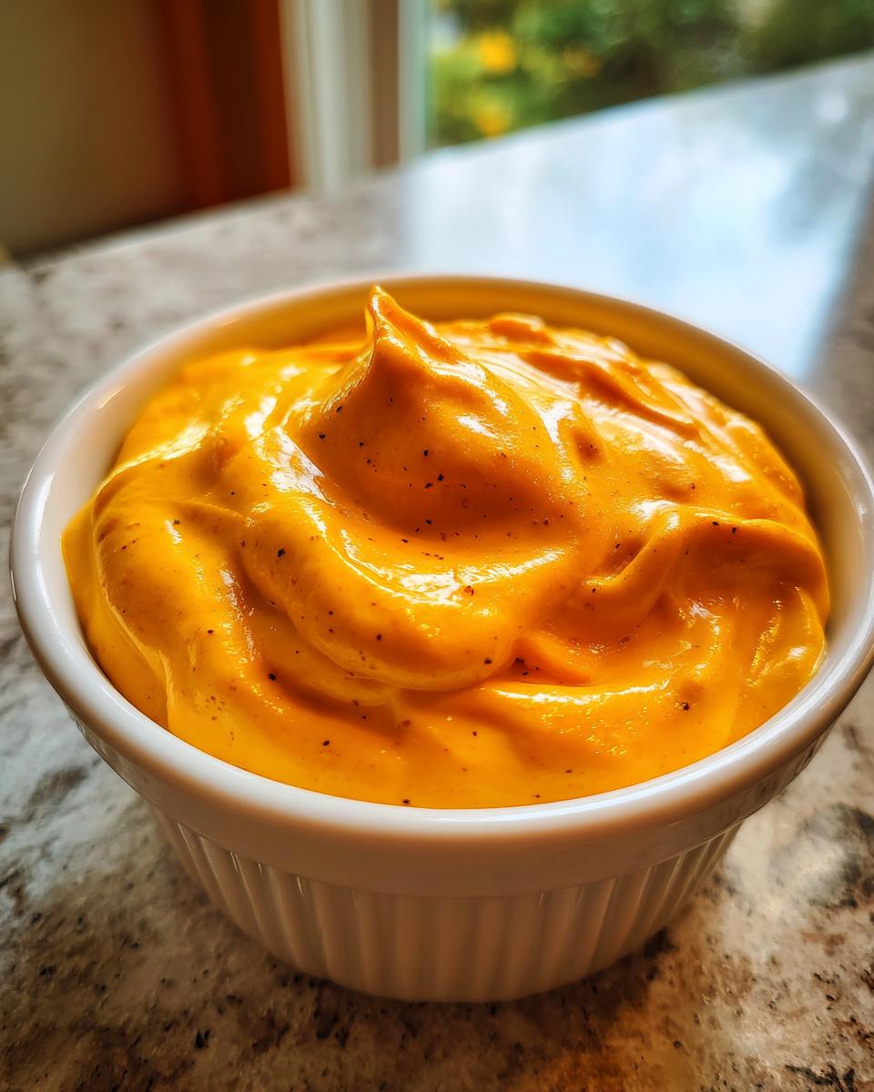 A close-up of rich, bright orange homemade nacho cheese sauce swirled high in a small white ramekin.