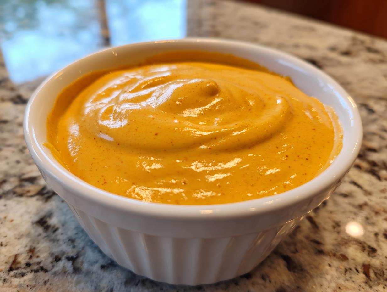 Close-up of a small white bowl filled with thick, vibrant orange homemade nacho cheese sauce.
