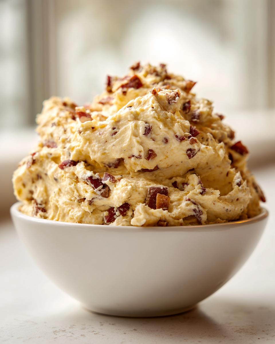 A white bowl filled high with creamy Neiman Marcus dip, studded with visible pieces of bacon.