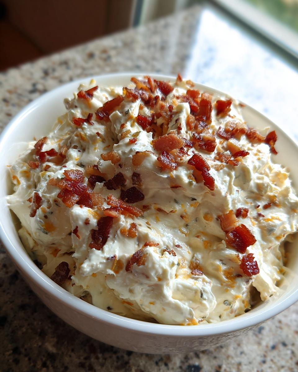 A close-up of a white bowl filled with creamy Neiman Marcus Dip, heavily garnished with crispy bacon bits.
