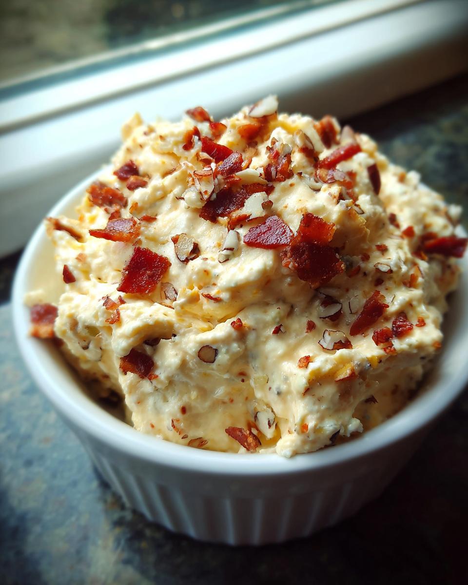Close-up of a creamy Neiman Marcus dip served in a white bowl, topped generously with chopped bacon and nuts.