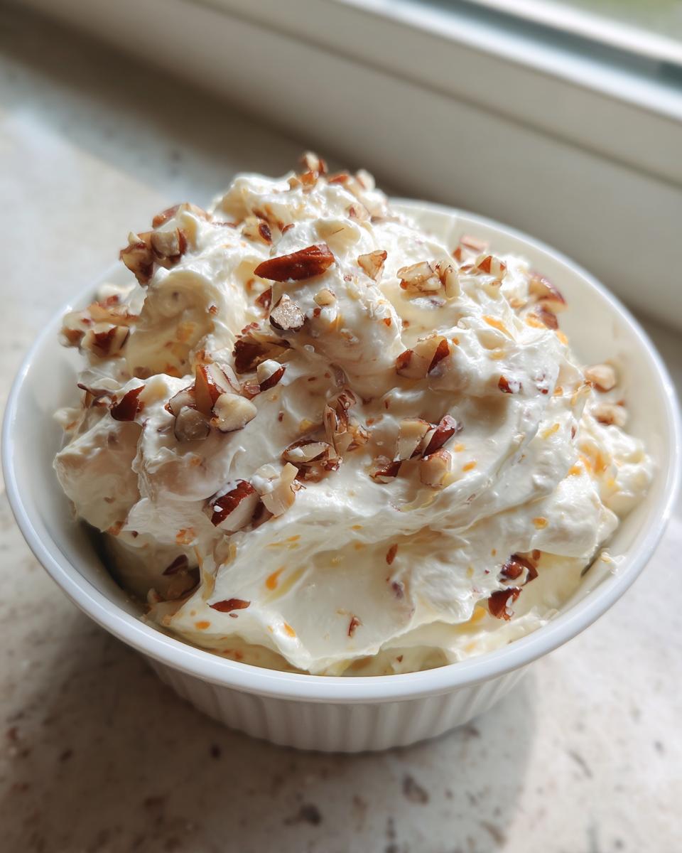 A white bowl filled with creamy Neiman Marcus dip, topped generously with chopped pecans or walnuts.