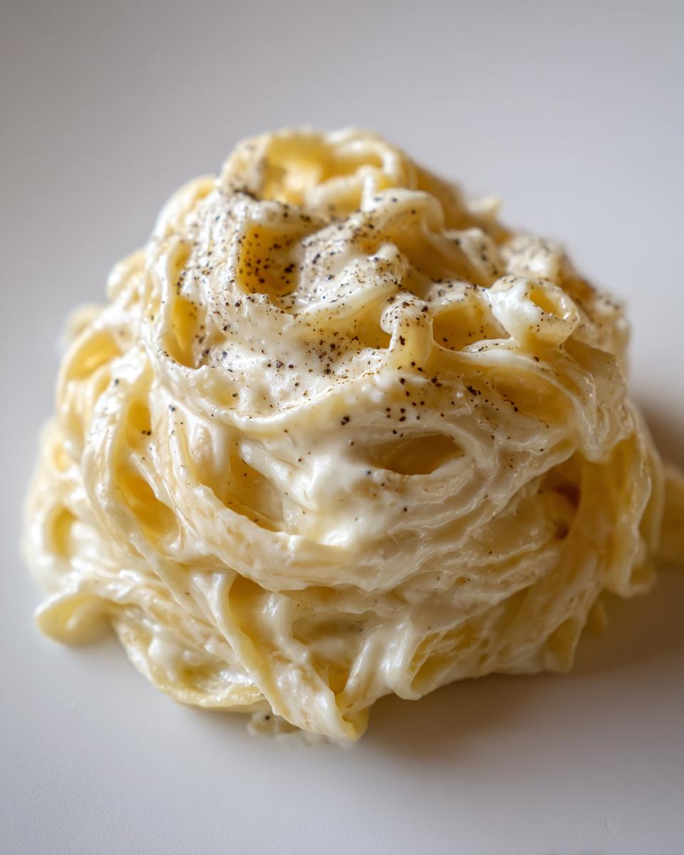 Close-up of fettuccine pasta generously coated in rich homemade alfredo sauce and topped with fresh black pepper.