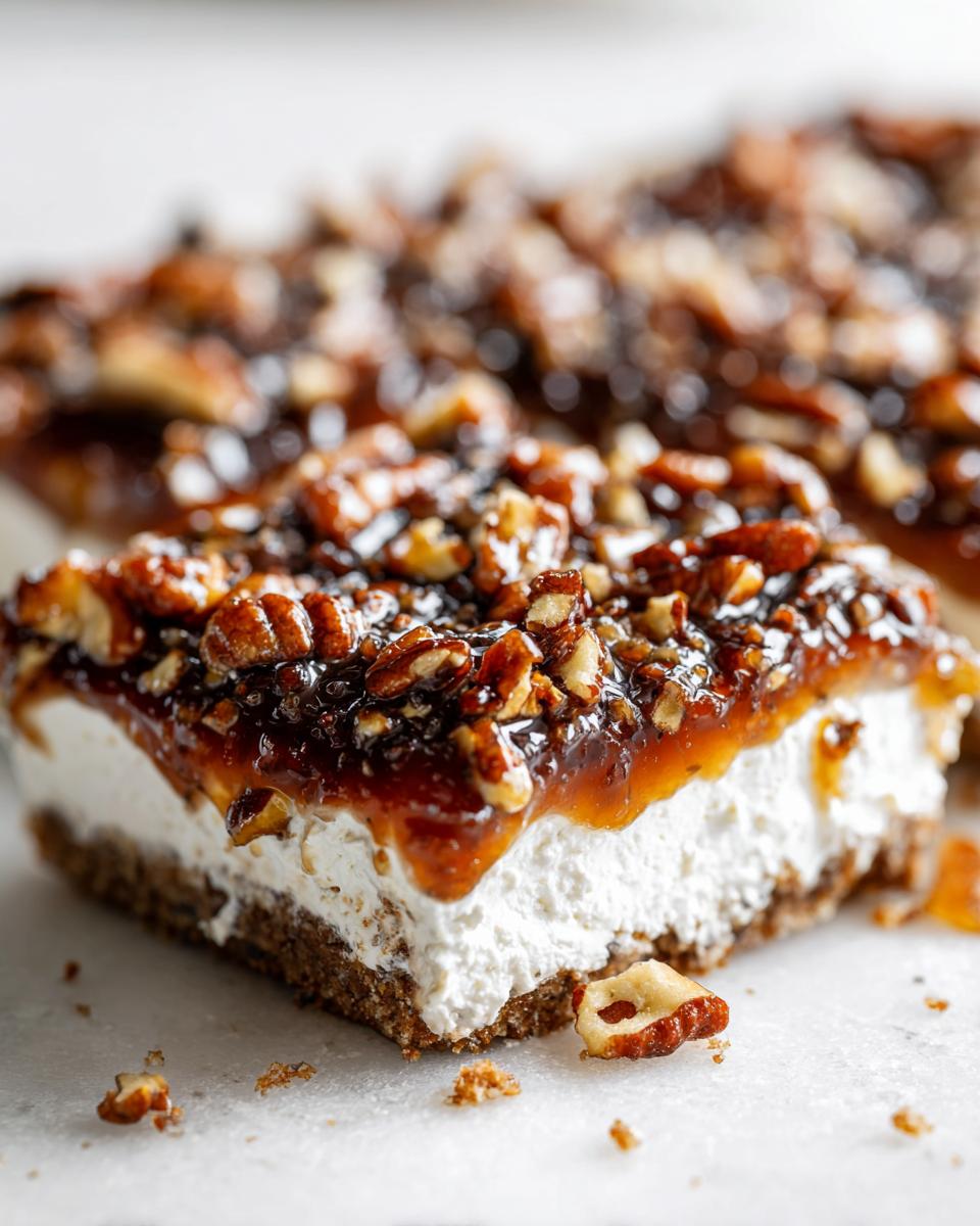 A close-up of a layered bar featuring a crust, creamy white filling, and a rich pecan pie dip topping.