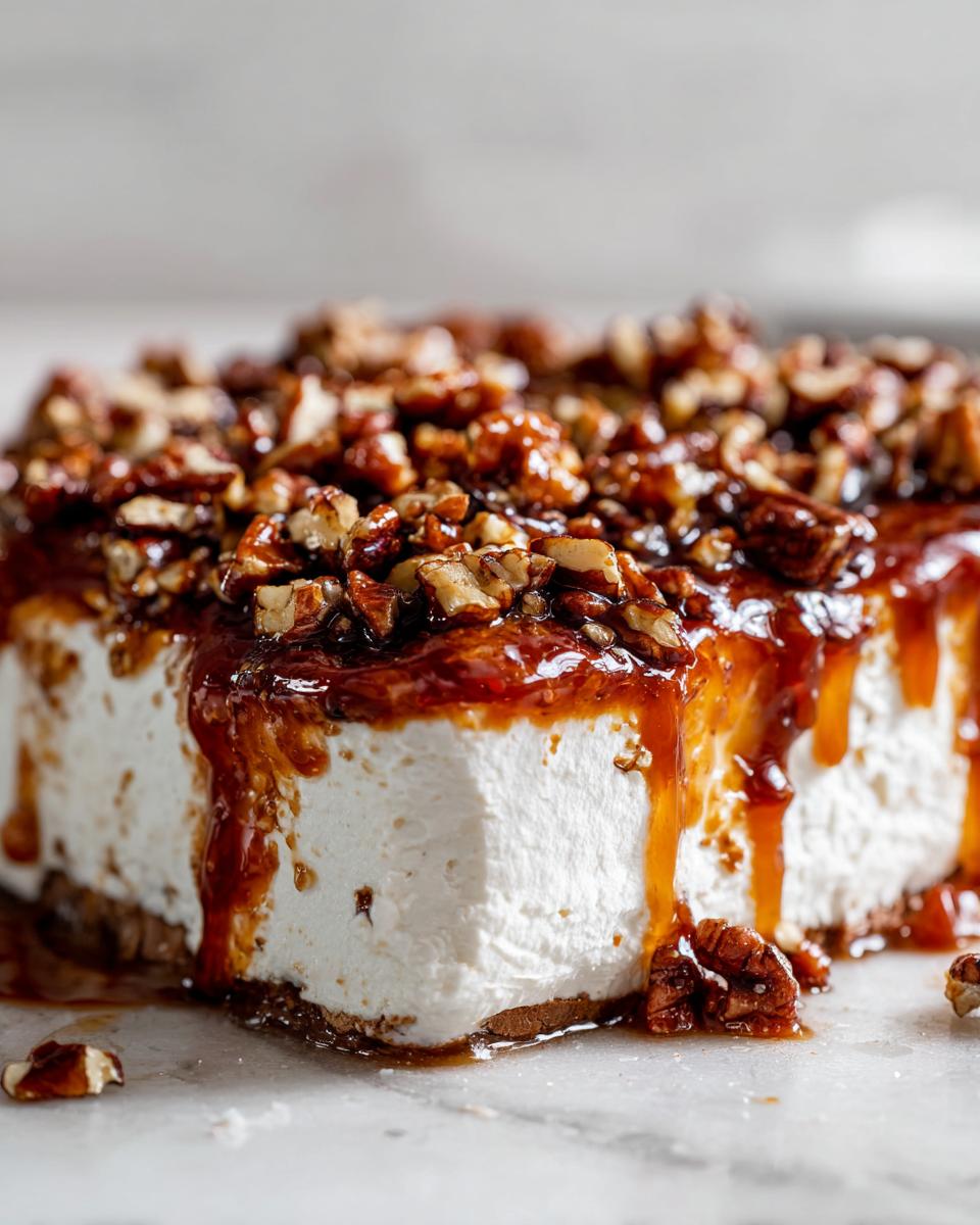 Close-up of a thick slice of no-bake pecan pie dip covered in glossy caramel sauce and chopped pecans.