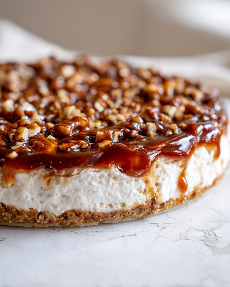 Close-up of a creamy dessert, resembling a cheesecake or rich pecan pie dip, covered in glossy caramel sauce and chopped pecans.