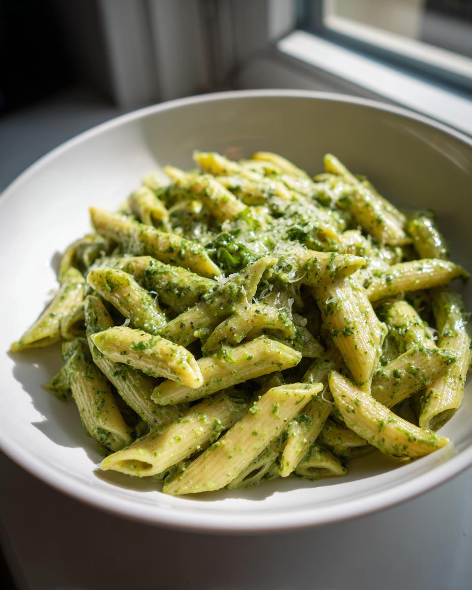 A close-up view of penne pasta coated in vibrant green creamy pesto pasta, topped with grated cheese.