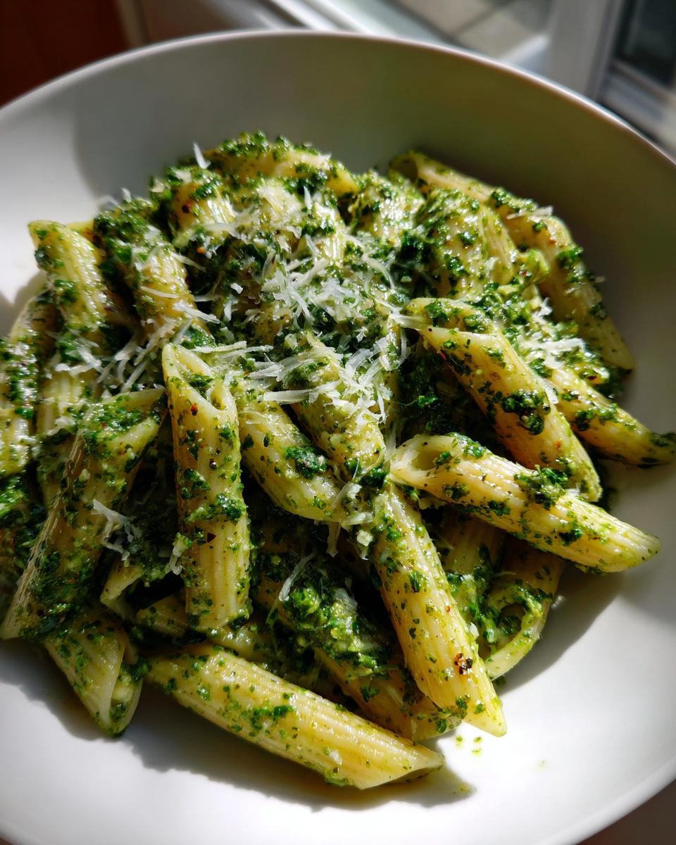 A bowl filled with penne pasta coated in vibrant green creamy pesto pasta, topped with grated Parmesan cheese.