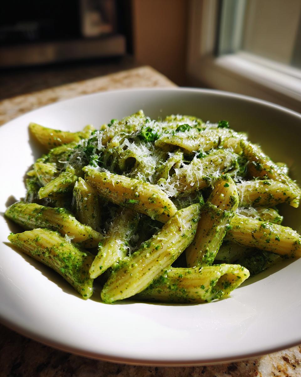 Close-up of penne pasta coated in vibrant green creamy pesto pasta, topped with grated Parmesan.
