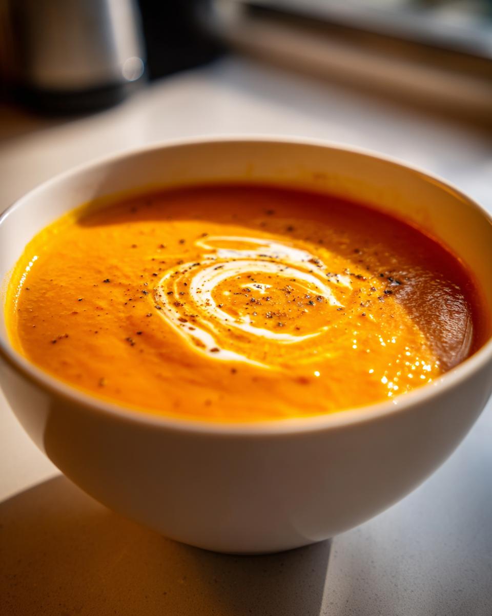 Close-up of a vibrant orange bowl of pumpkin soup, swirled with cream and topped with black pepper.