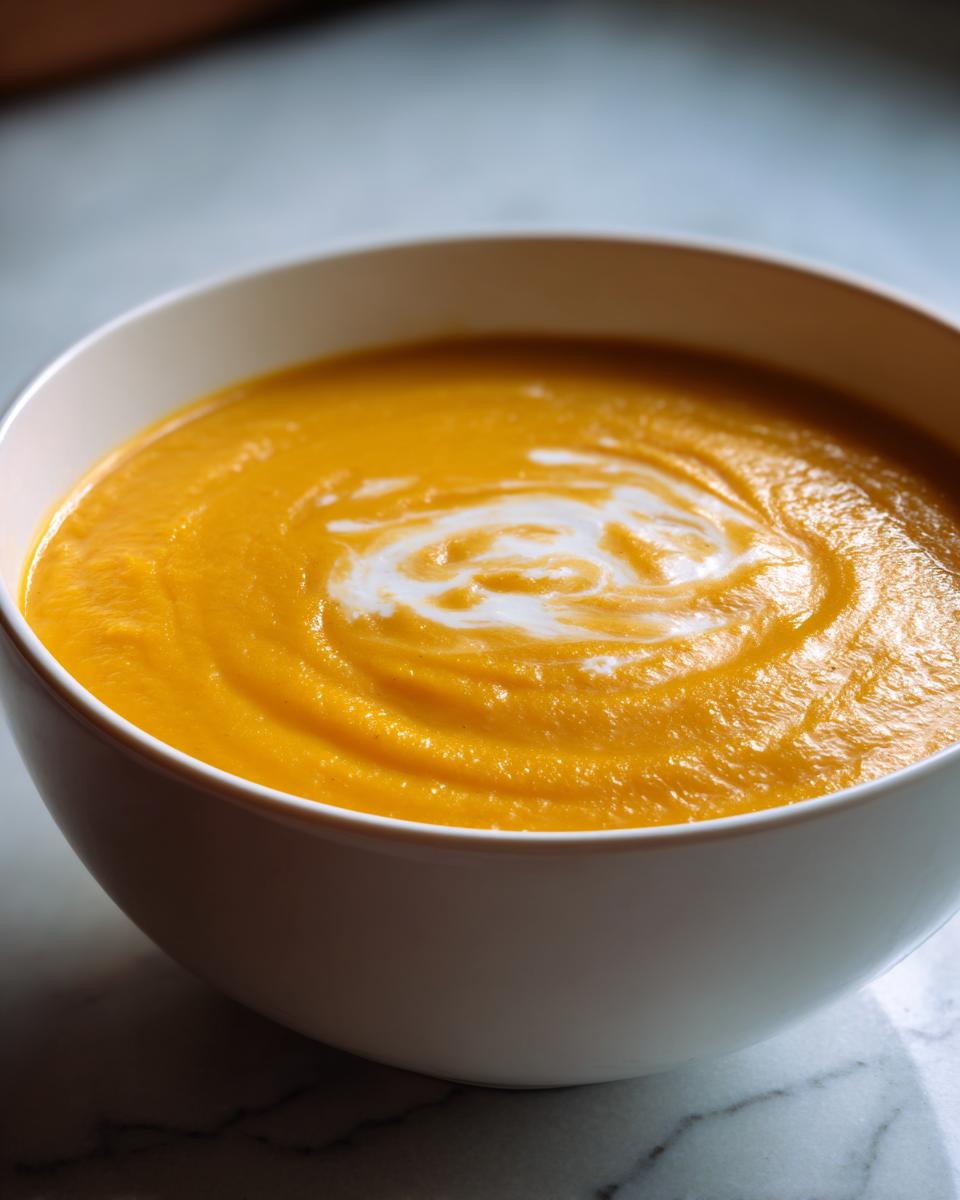 Close-up of a white bowl filled with vibrant orange pumpkin soup, swirled with cream on top.