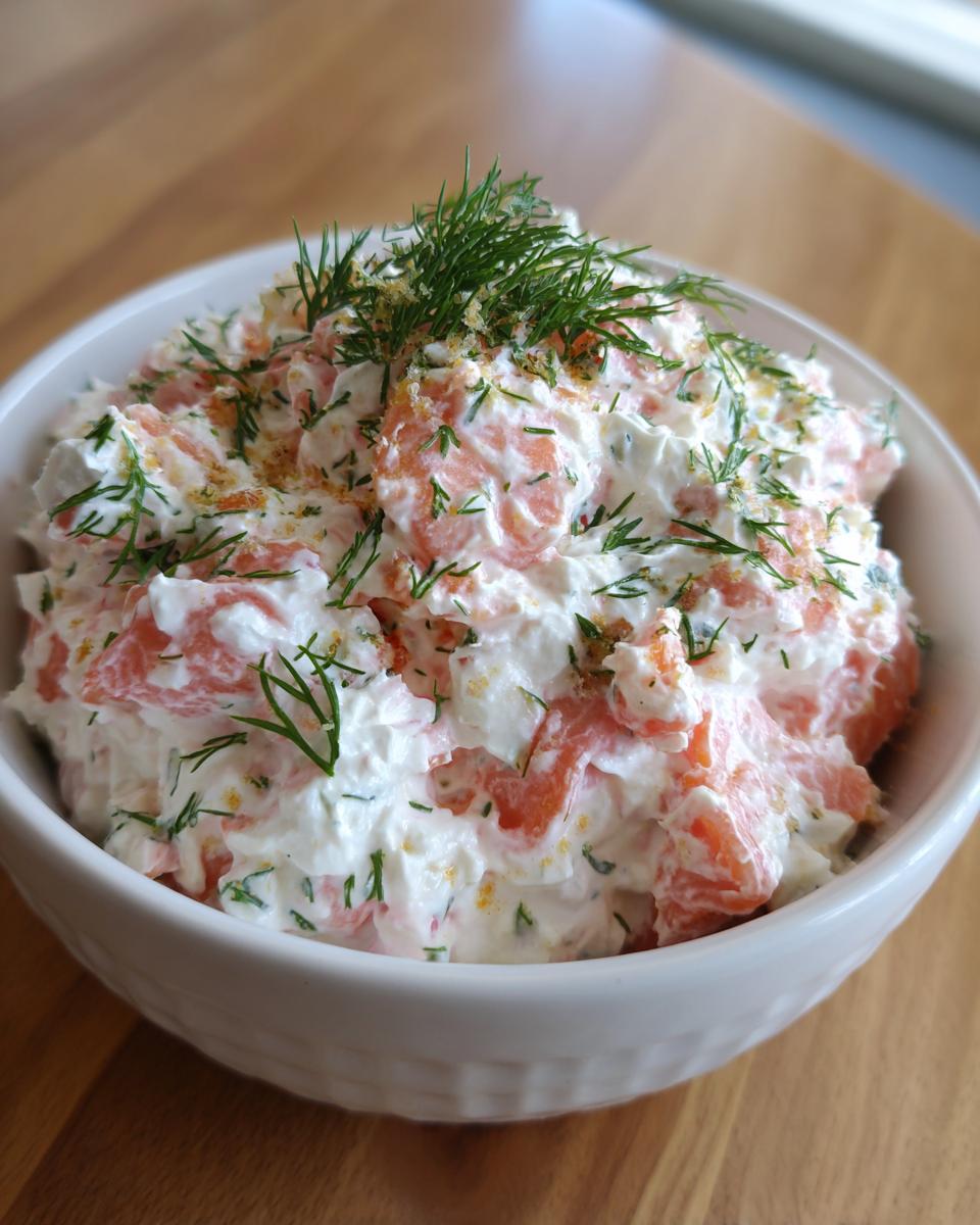 Close-up of a white bowl filled with creamy salmon dip, featuring chunks of pink salmon and topped with fresh dill.