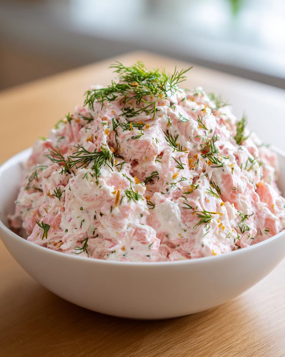 A large white bowl filled with creamy pink salmon dip, garnished generously with fresh dill and orange zest.