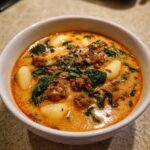 Close-up of a bowl of creamy sausage gnocchi soup with spinach and grated cheese topping.