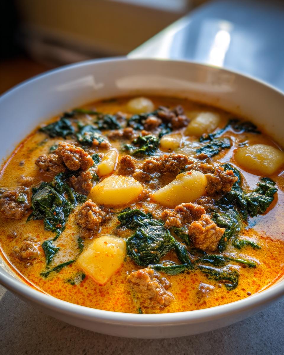 Close-up of a bowl of creamy sausage gnocchi soup with wilted spinach and rich orange broth.