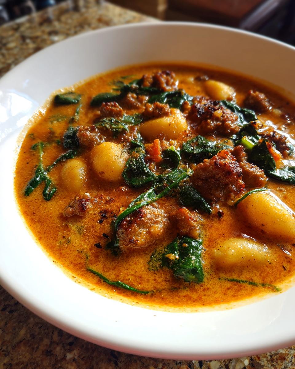 Close-up of a bowl of creamy sausage gnocchi soup, featuring browned sausage pieces and wilted spinach in a rich broth.