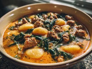 A close-up view of a hearty bowl of creamy sausage gnocchi soup with wilted spinach.